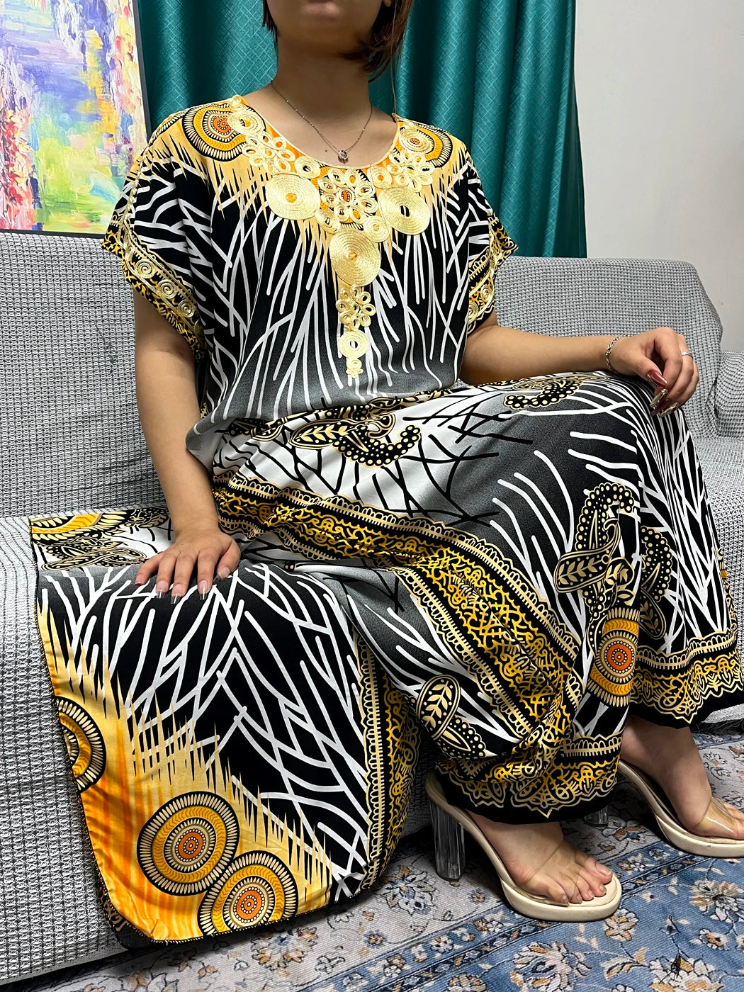 Abayas For Women 2024 New Print Appliques Cotton Traditional Kanga Clothing Loose Femme Robe African Ngeria Dresses With Turban