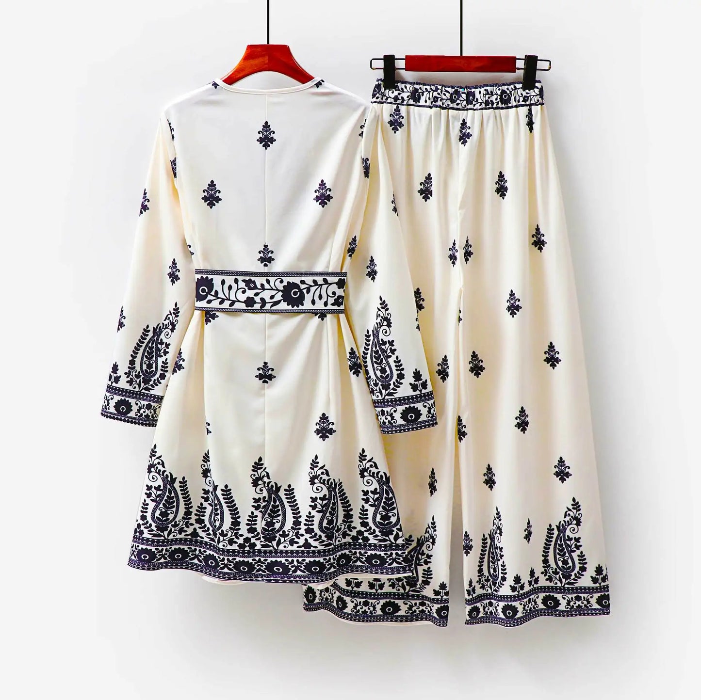 Muslim 2 Piece Set Women Print Blouse Dubai India Top Wide Leg Pants Suit Morocco Musulman Ensemble Casual Femme Arabic Outfits