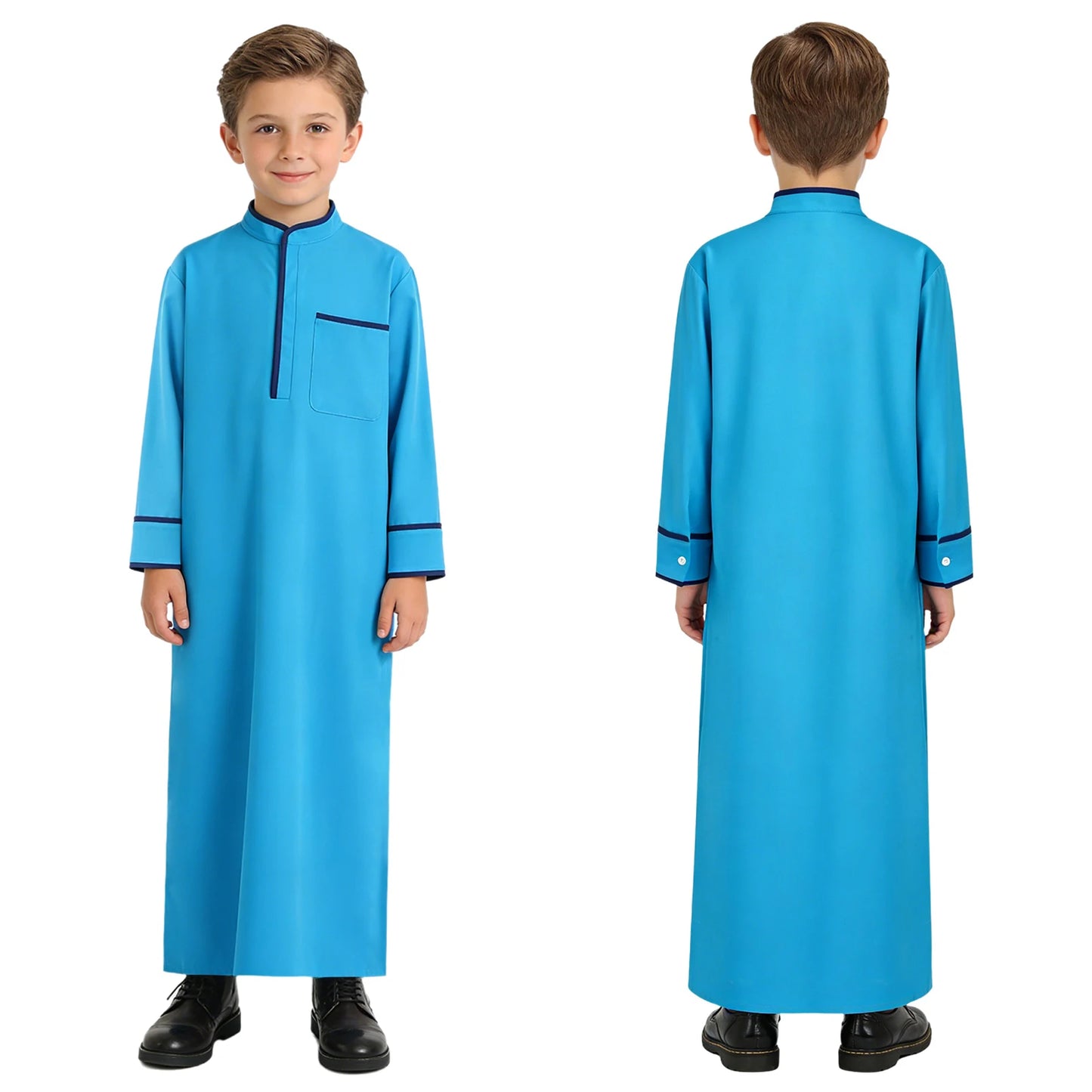 Kids Boys Muslim Thobe Arabic Middle East Loose Kaftan Long Sleeve Stand Collar Pocket Maxi Robe Casual Muslim Child Clothes