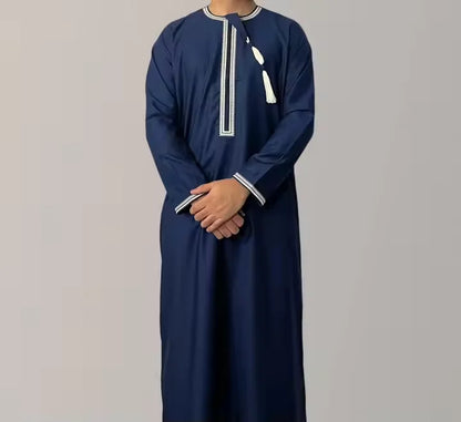 Premium Embroidery Men Thobe with Tassel Saudi Style Arabic Robe Islamic Clothing for Men Traditional Omani Kandura Jalabiya