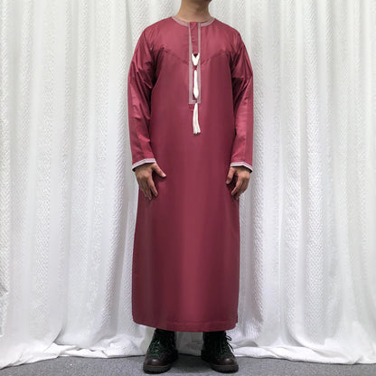 Premium Embroidery Men Thobe with Tassel Saudi Style Arabic Robe Islamic Clothing for Men Traditional Omani Kandura Jalabiya