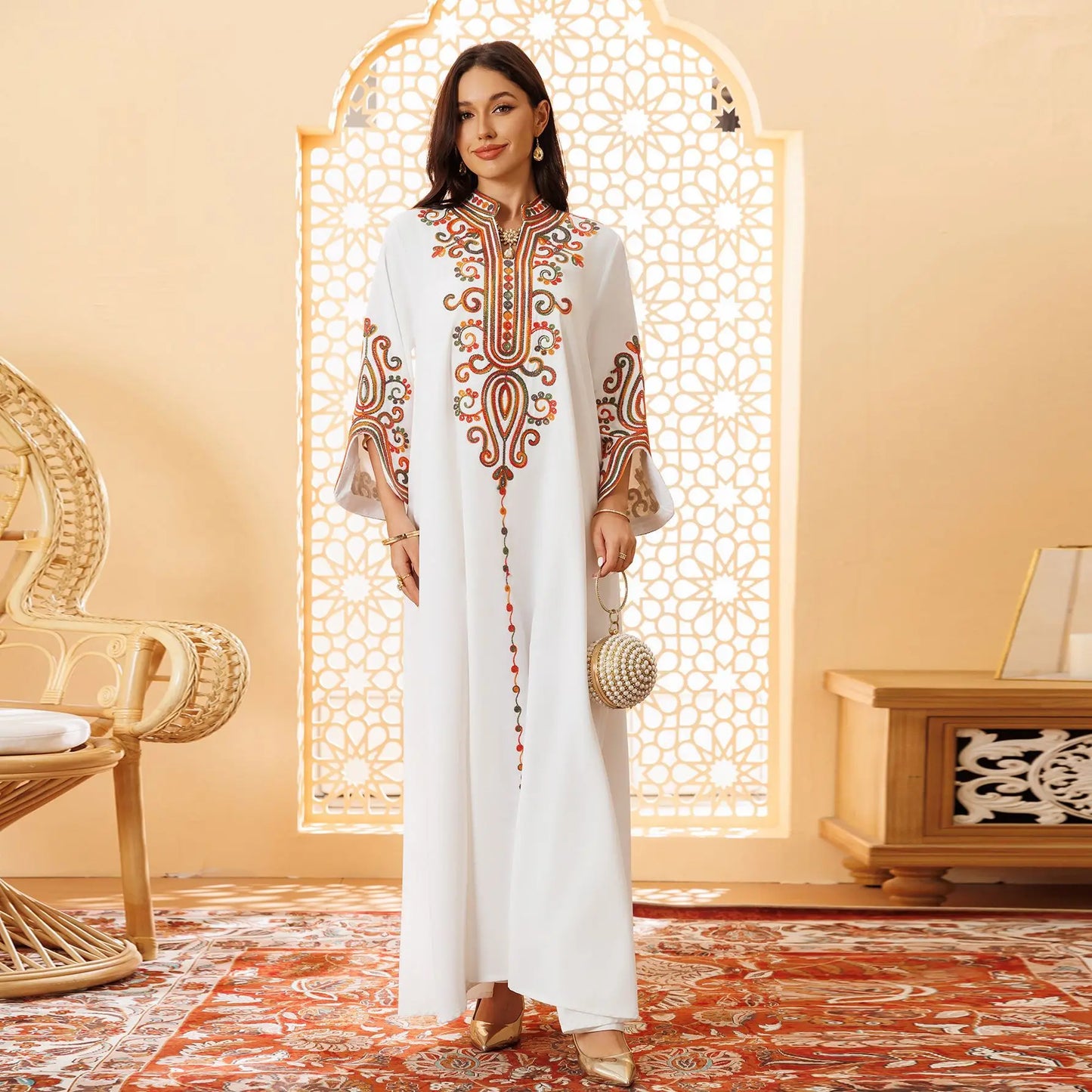 Ramadan EID Embroidered Luxurious Women's Evening Dress Middle East Islamic Clothing V-Neck Fashion Elegant Abayas With Belt
