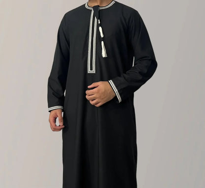 Premium Embroidery Men Thobe with Tassel Saudi Style Arabic Robe Islamic Clothing for Men Traditional Omani Kandura Jalabiya