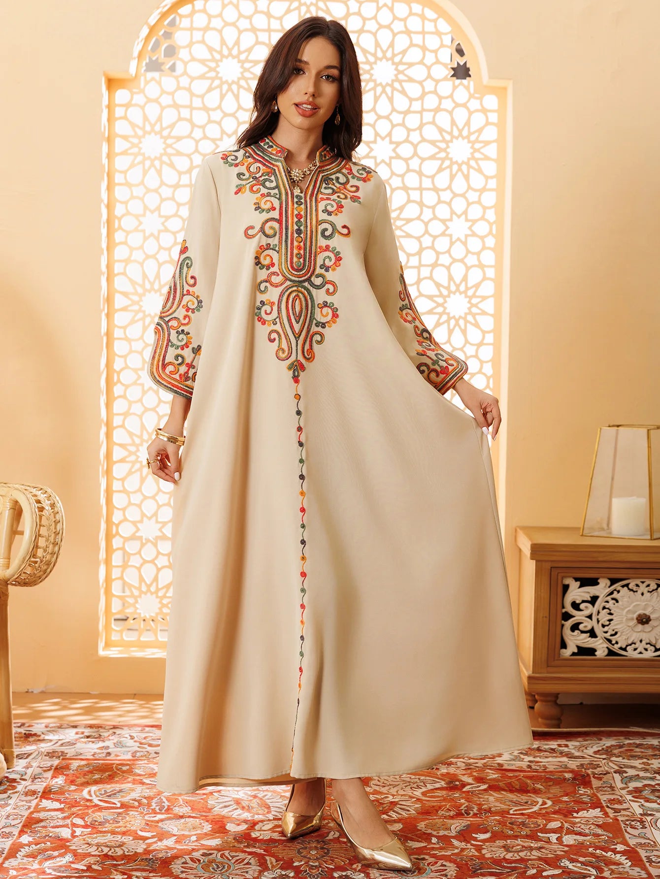 Ramadan EID Embroidered Luxurious Women's Evening Dress Middle East Islamic Clothing V-Neck Fashion Elegant Abayas With Belt