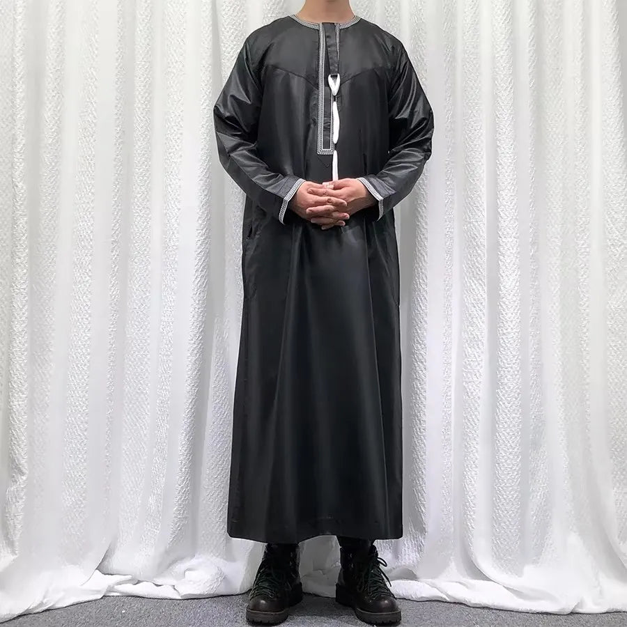 Premium Embroidery Men Thobe with Tassel Saudi Style Arabic Robe Islamic Clothing for Men Traditional Omani Kandura Jalabiya