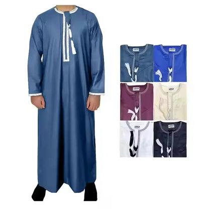 Premium Embroidery Men Thobe with Tassel Saudi Style Arabic Robe Islamic Clothing for Men Traditional Omani Kandura Jalabiya