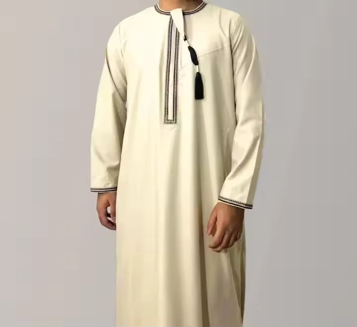 Premium Embroidery Men Thobe with Tassel Saudi Style Arabic Robe Islamic Clothing for Men Traditional Omani Kandura Jalabiya
