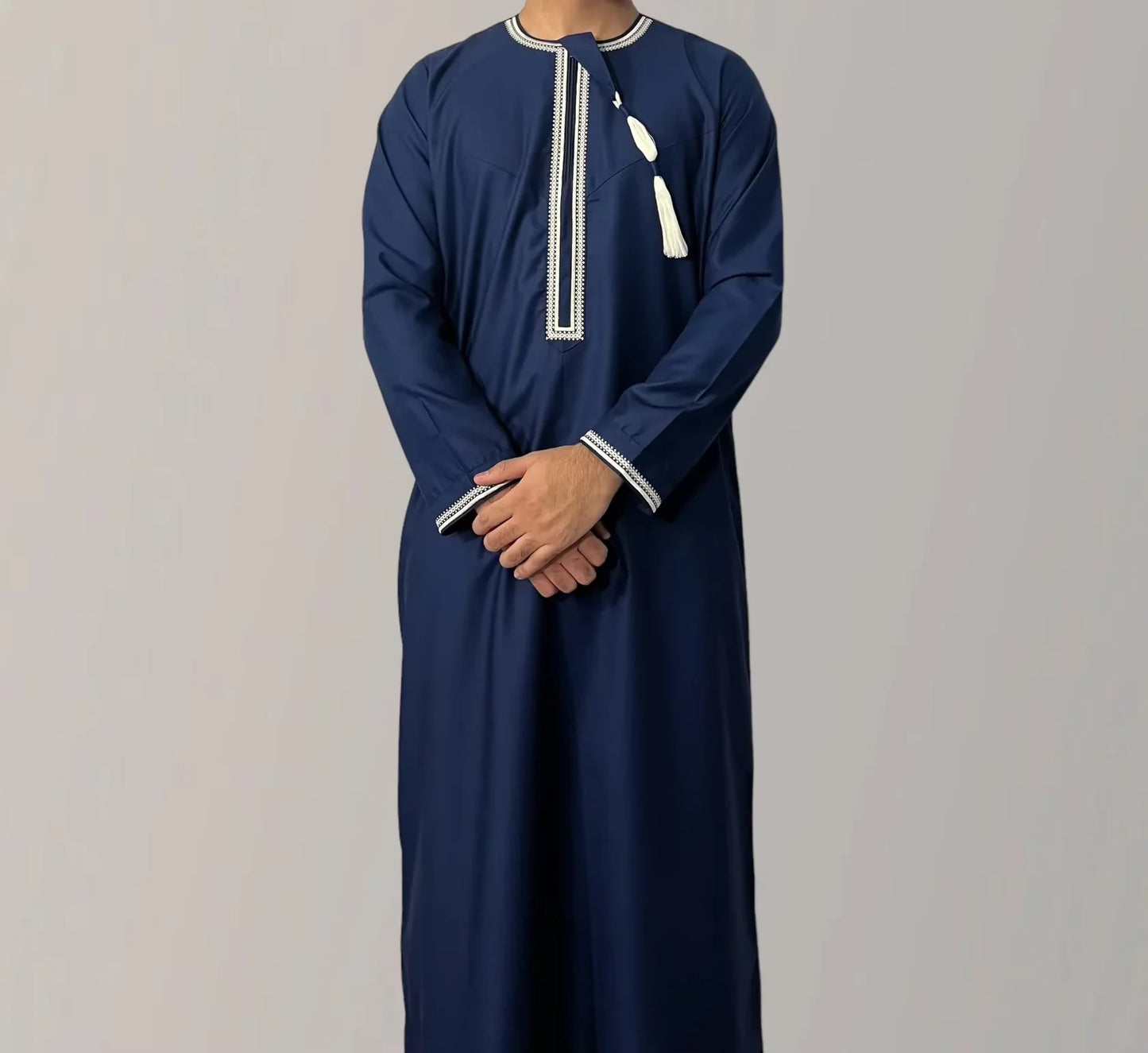 Premium Embroidery Men Thobe with Tassel Saudi Style Arabic Robe Islamic Clothing for Men Traditional Omani Kandura Jalabiya