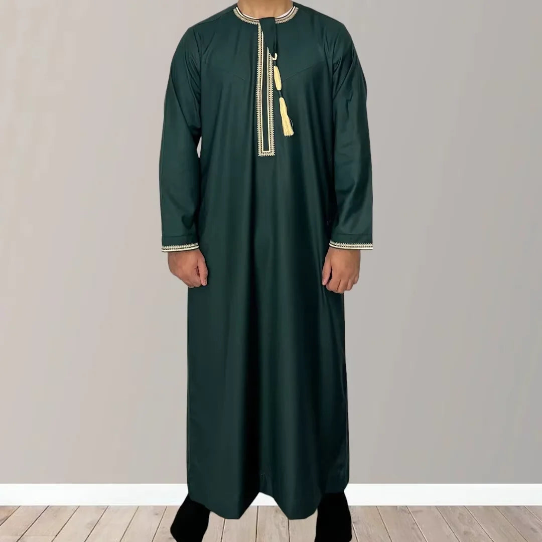 Premium Embroidery Men Thobe with Tassel Saudi Style Arabic Robe Islamic Clothing for Men Traditional Omani Kandura Jalabiya
