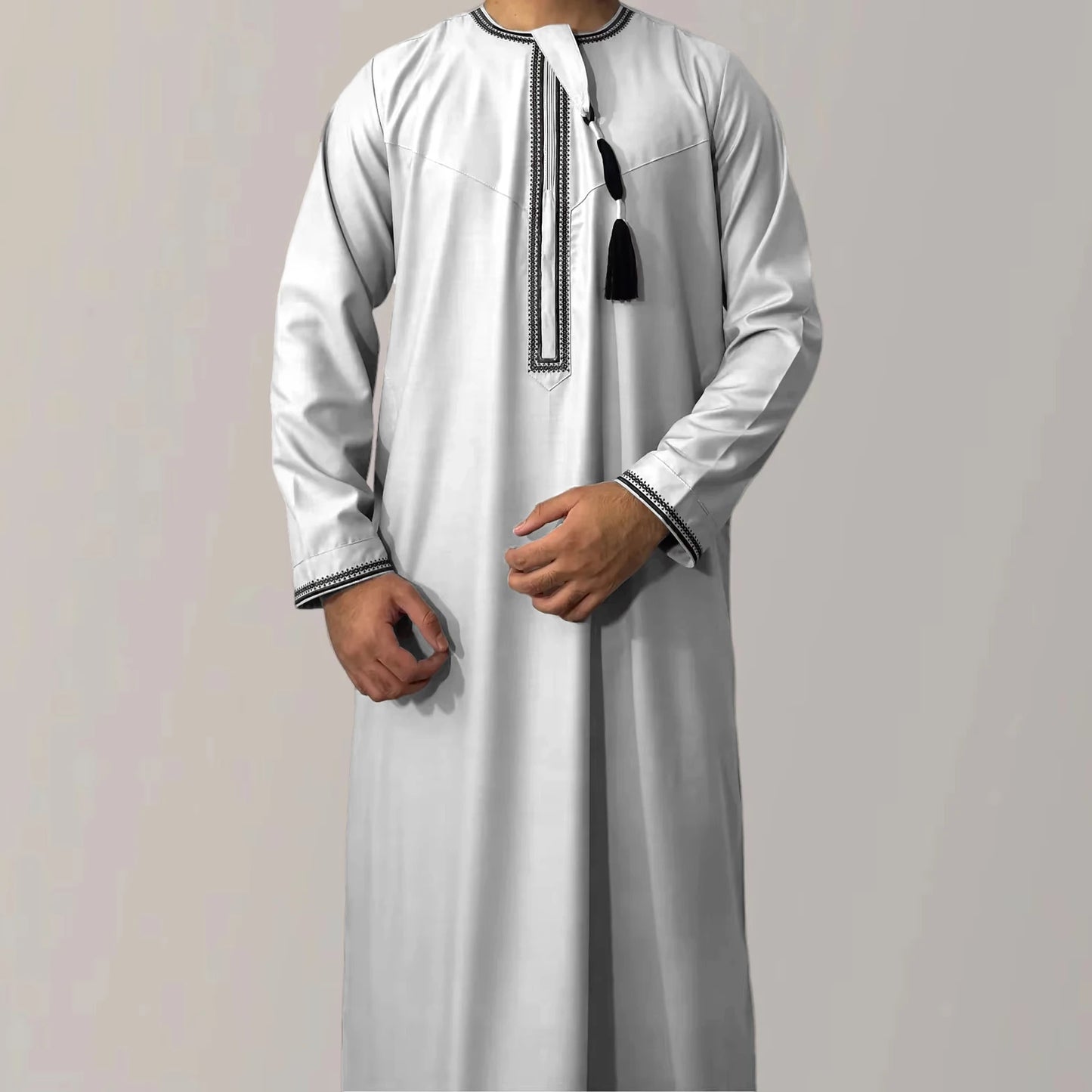 Premium Embroidery Men Thobe with Tassel Saudi Style Arabic Robe Islamic Clothing for Men Traditional Omani Kandura Jalabiya