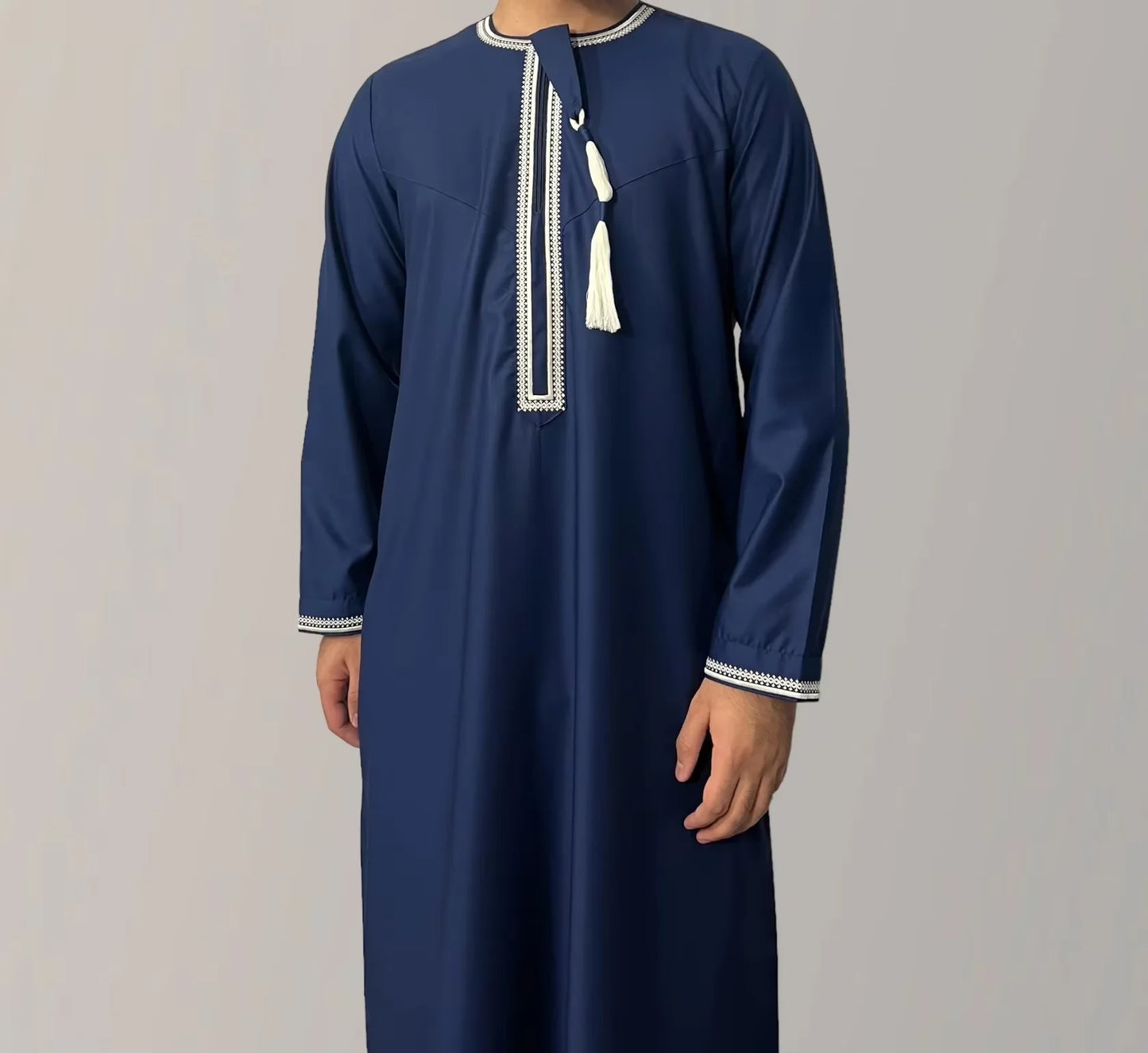 Premium Embroidery Men Thobe with Tassel Saudi Style Arabic Robe Islamic Clothing for Men Traditional Omani Kandura Jalabiya