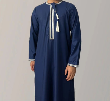 Premium Embroidery Men Thobe with Tassel Saudi Style Arabic Robe Islamic Clothing for Men Traditional Omani Kandura Jalabiya