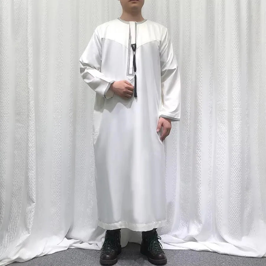 Premium Embroidery Men Thobe with Tassel Saudi Style Arabic Robe Islamic Clothing for Men Traditional Omani Kandura Jalabiya