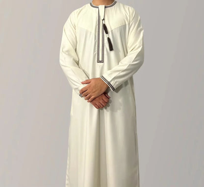 Premium Embroidery Men Thobe with Tassel Saudi Style Arabic Robe Islamic Clothing for Men Traditional Omani Kandura Jalabiya