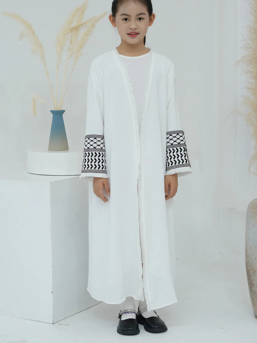 Muslim Kids girls Luxury Dubai Abaya Kimono Cardigan Embroidery tassels Long Dress Ramadan Robe Kaftan Femme Islam Clothing