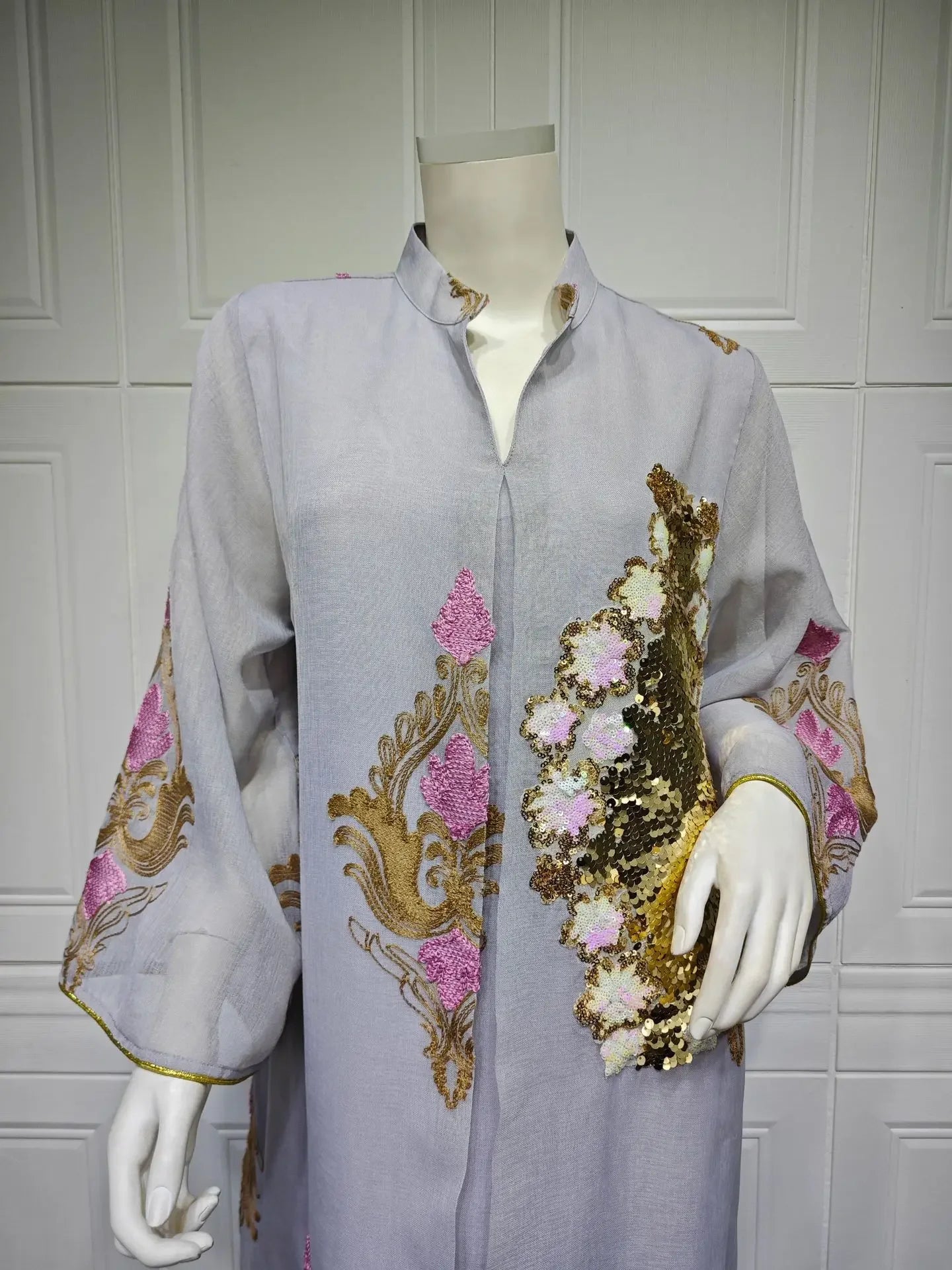 Kaftan Muslim Abaya Clothes for Muslim Women Summer Fashion Muslim Women Long Sleeve V-neck Sequin Long Maxi Dress Dubai Abaya