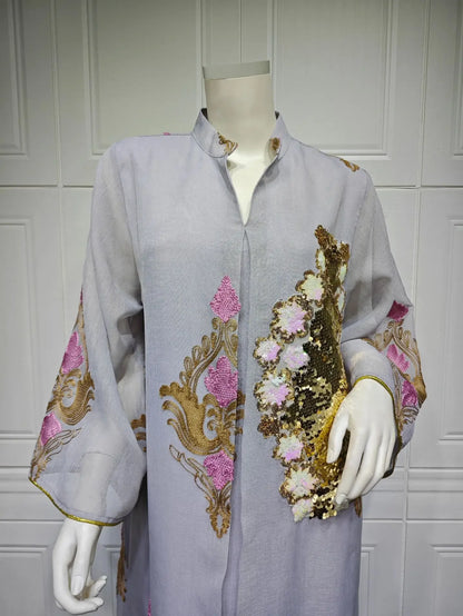 Kaftan Muslim Abaya Clothes for Muslim Women Summer Fashion Muslim Women Long Sleeve V-neck Sequin Long Maxi Dress Dubai Abaya