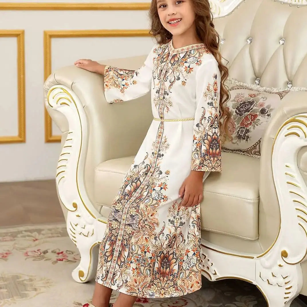 Muslim Kids Girls Festive Embroidery White Dress For Children Communion Ramadan Skirt Eid Prayer Garment Abaya Robe Kaftan Gown