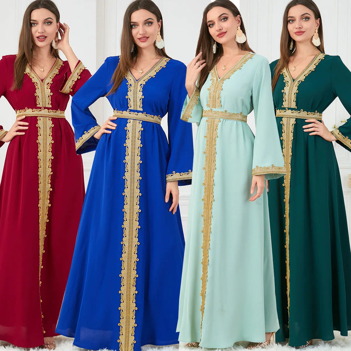 Muslim Women's Clothing, Solid Color Patchwork Basic Style, Loose Embroidery, Long Skirt, Dress, Long-Sleeved Dress