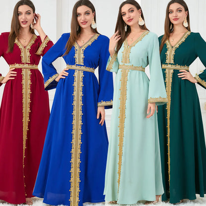 Muslim Women's Clothing, Solid Color Patchwork Basic Style, Loose Embroidery, Long Skirt, Dress, Long-Sleeved Dress