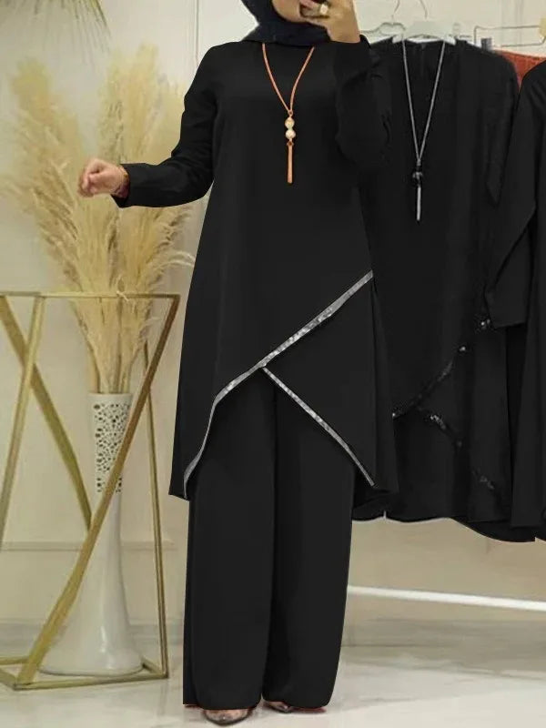 Muslim Two-Piece Set for Women, Long Sleeved Shirt, O-Neck Shirt, Wide Leg Pants, Casual, Luxury, Spring and Autumn