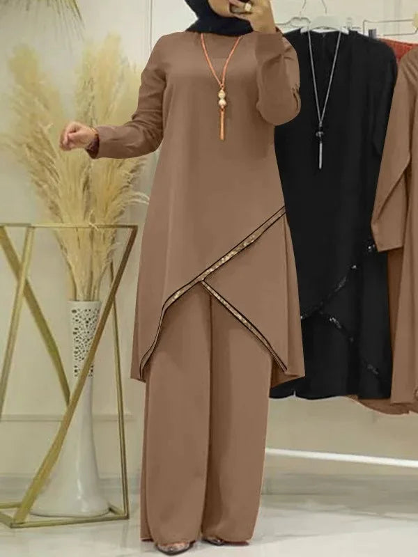 Muslim Two-Piece Set for Women, Long Sleeved Shirt, O-Neck Shirt, Wide Leg Pants, Casual, Luxury, Spring and Autumn