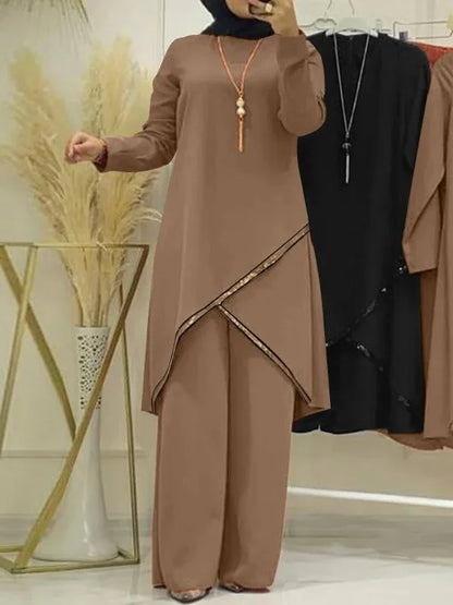 Muslim Two-Piece Set for Women, Long Sleeved Shirt, O-Neck Shirt, Wide Leg Pants, Casual, Luxury, Spring and Autumn