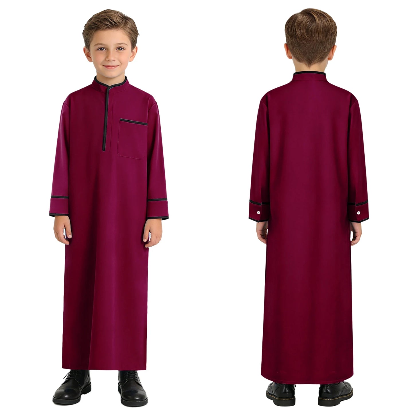 Kids Boys Muslim Thobe Arabic Middle East Loose Kaftan Long Sleeve Stand Collar Pocket Maxi Robe Casual Muslim Child Clothes