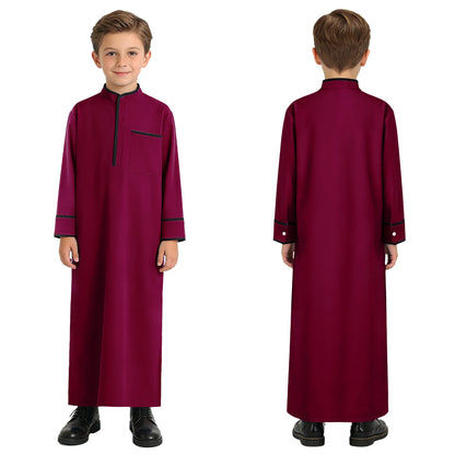 Kids Boys Muslim Thobe Arabic Middle East Loose Kaftan Long Sleeve Stand Collar Pocket Maxi Robe Casual Muslim Child Clothes