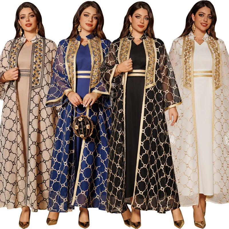 Muslim Dresses 2 Piece Sets for Women Moroccan Kaftan Embroidery Jalabiya Ramadan Dubai Open Abayas Islam Vestidos Cardigan Robe