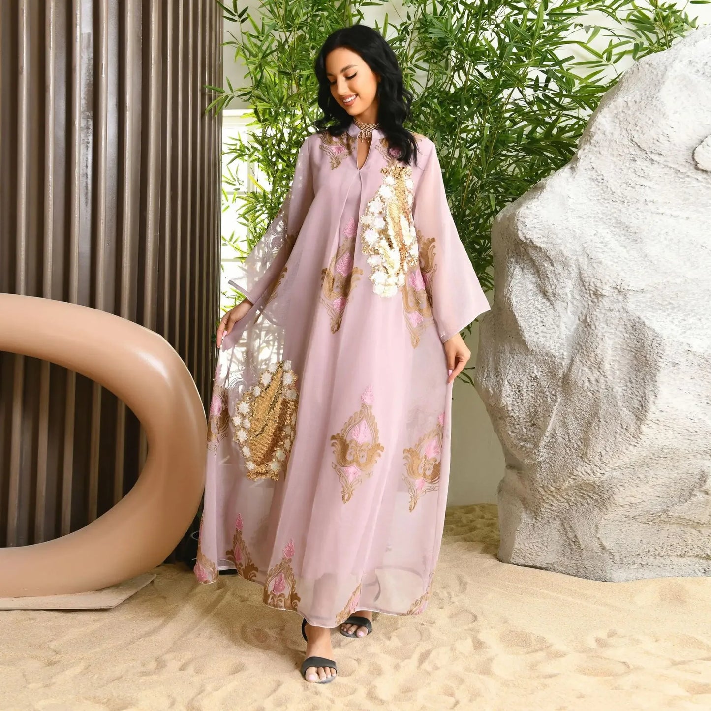 Kaftan Muslim Abaya Clothes for Muslim Women Summer Fashion Muslim Women Long Sleeve V-neck Sequin Long Maxi Dress Dubai Abaya
