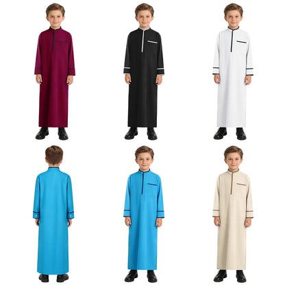 Kids Boys Muslim Thobe Arabic Middle East Loose Kaftan Long Sleeve Stand Collar Pocket Maxi Robe Casual Muslim Child Clothes