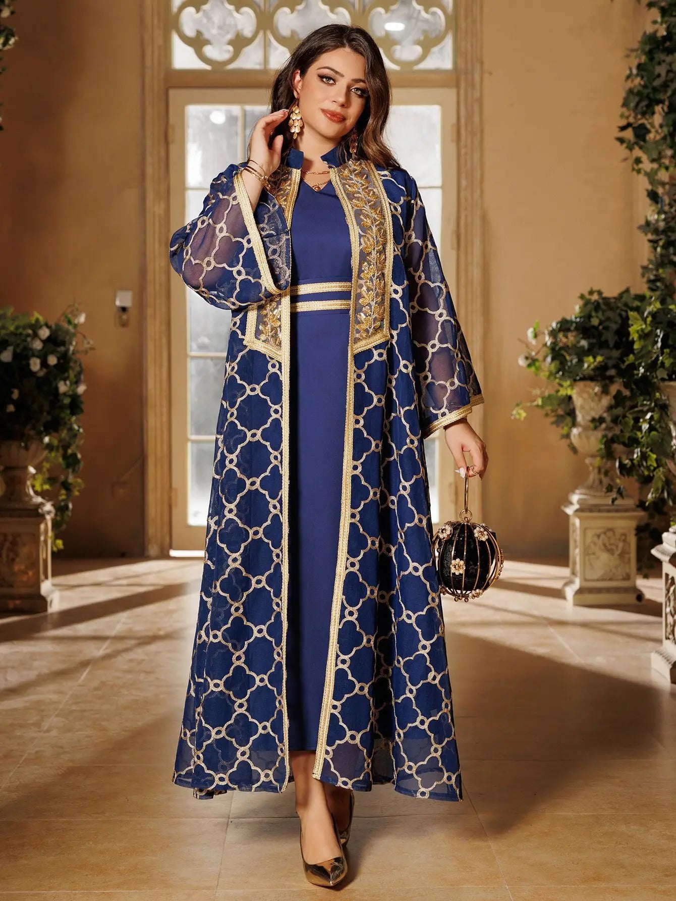 Muslim Dresses 2 Piece Sets for Women Moroccan Kaftan Embroidery Jalabiya Ramadan Dubai Open Abayas Islam Vestidos Cardigan Robe