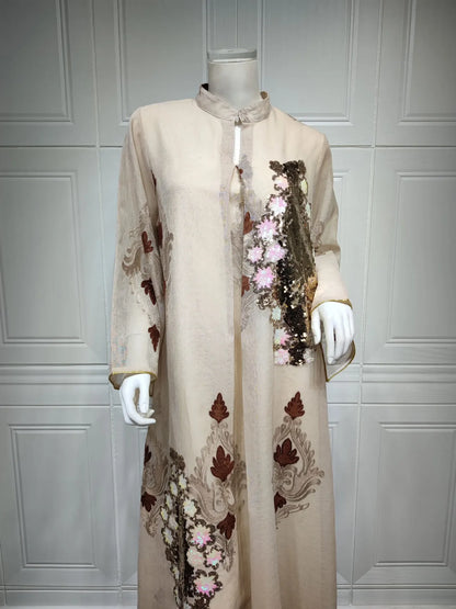 Kaftan Muslim Abaya Clothes for Muslim Women Summer Fashion Muslim Women Long Sleeve V-neck Sequin Long Maxi Dress Dubai Abaya