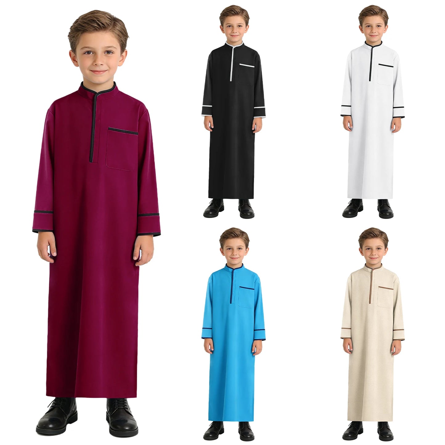 Kids Boys Muslim Thobe Arabic Middle East Loose Kaftan Long Sleeve Stand Collar Pocket Maxi Robe Casual Muslim Child Clothes