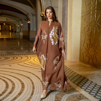 Kaftan Muslim Abaya Clothes for Muslim Women Summer Fashion Muslim Women Long Sleeve V-neck Sequin Long Maxi Dress Dubai Abaya