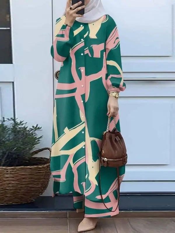 Women Muslim Matching Sets Retro Floral Print Long-style Shirt & Wide Leg Pants Sets Fashion Muslim Female Suit Dubai Tracksuits