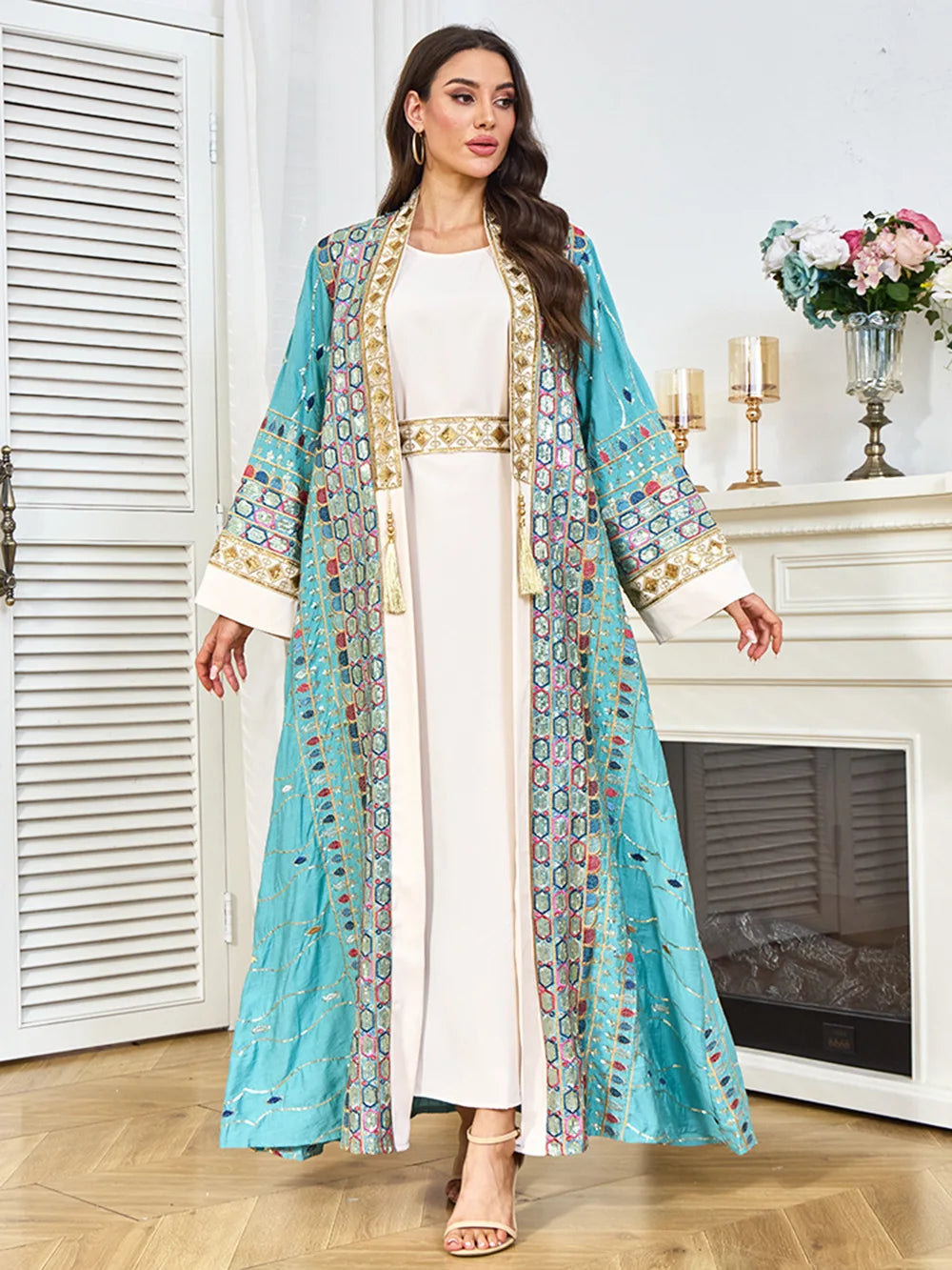Muslim Two Piece Sets Women Clothing Prom Dresses Fashion Colorful Embroidery Abaya Turkish Kaftan Robe Women Prayer Dress Sets