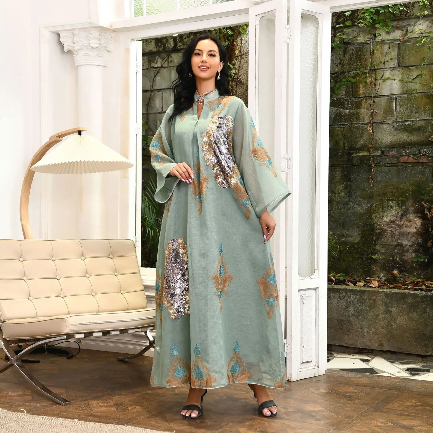 Kaftan Muslim Abaya Clothes for Muslim Women Summer Fashion Muslim Women Long Sleeve V-neck Sequin Long Maxi Dress Dubai Abaya