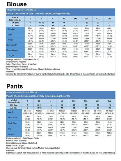 Women Muslim 2 Piece Set Blouse Double Top Wide Leg Pants Suit Morocco Ramadan Casual Ensemble Dubai Arab Trousers Outfits