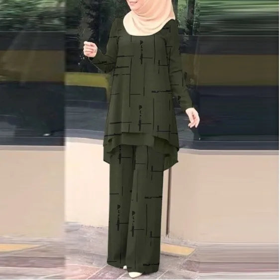Muslim Women 2 Piece Set Blouse Wide Leg Pants Suit Print Top Trousers Ensemble Ramadan Morocco Dubai Islam Eid Outfits 2026