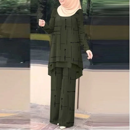 Muslim Women 2 Piece Set Blouse Wide Leg Pants Suit Print Top Trousers Ensemble Ramadan Morocco Dubai Islam Eid Outfits 2026