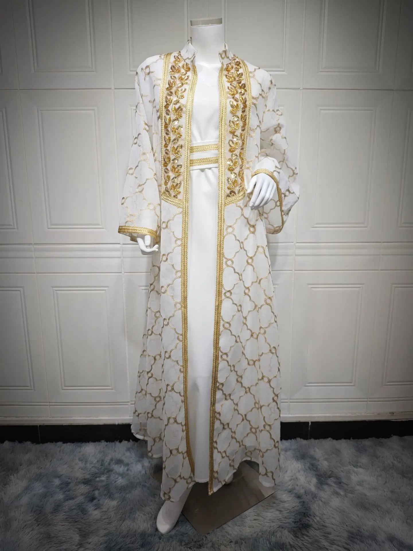 Muslim Dresses 2 Piece Sets for Women Moroccan Kaftan Embroidery Jalabiya Ramadan Dubai Open Abayas Islam Vestidos Cardigan Robe