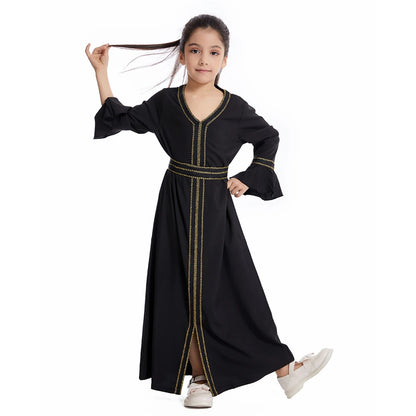 Muslim Kids Girls Maxi Dress Ramadan Eid Djellaba Dubai Abaya Turkey Kaftan Islamic Clothing Arabic Robe Children Prayer Gown