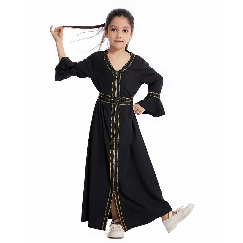 Muslim Kids Girls Maxi Dress Ramadan Eid Djellaba Dubai Abaya Turkey Kaftan Islamic Clothing Arabic Robe Children Prayer Gown