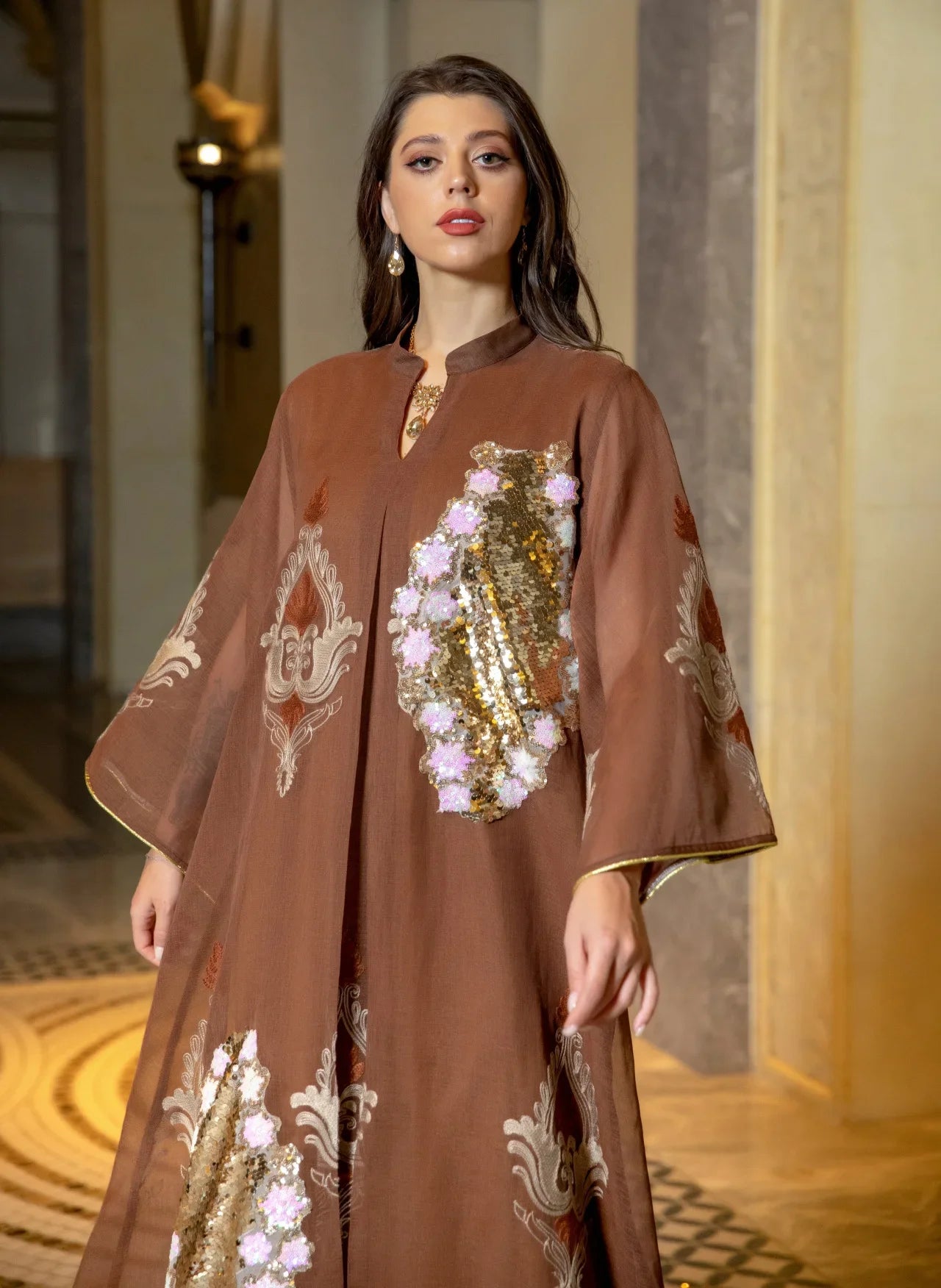 Kaftan Muslim Abaya Clothes for Muslim Women Summer Fashion Muslim Women Long Sleeve V-neck Sequin Long Maxi Dress Dubai Abaya