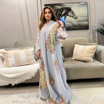Kaftan Muslim Abaya Clothes for Muslim Women Summer Fashion Muslim Women Long Sleeve V-neck Sequin Long Maxi Dress Dubai Abaya