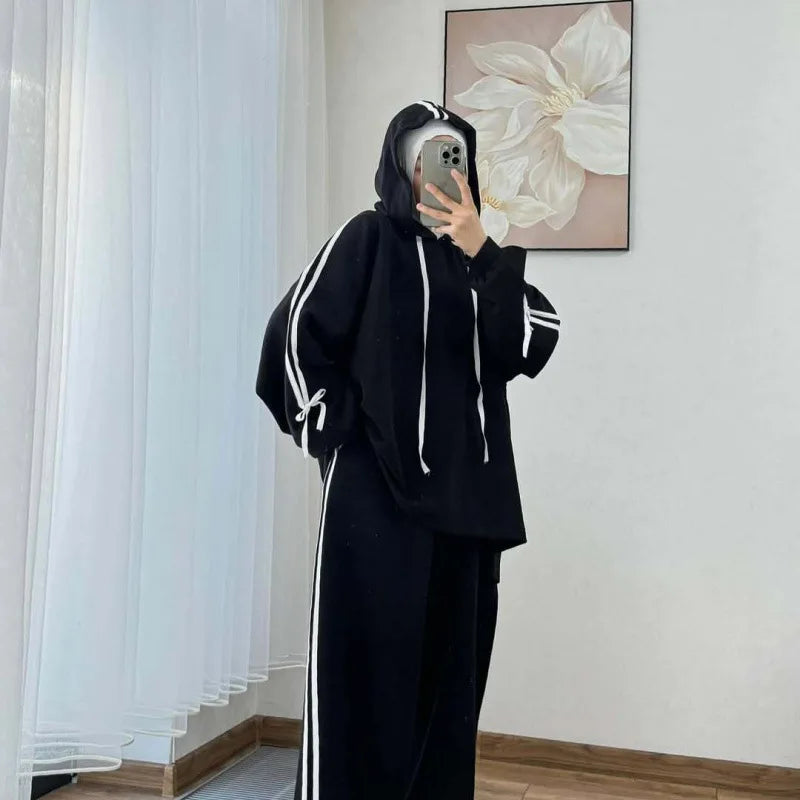 Muslim Suit Women Hoodie Top Wide Leg Pants 2 Piece Set Trousers Hooded sweatshirt Ensemble Sporty Stripe Outfits Tracksuit