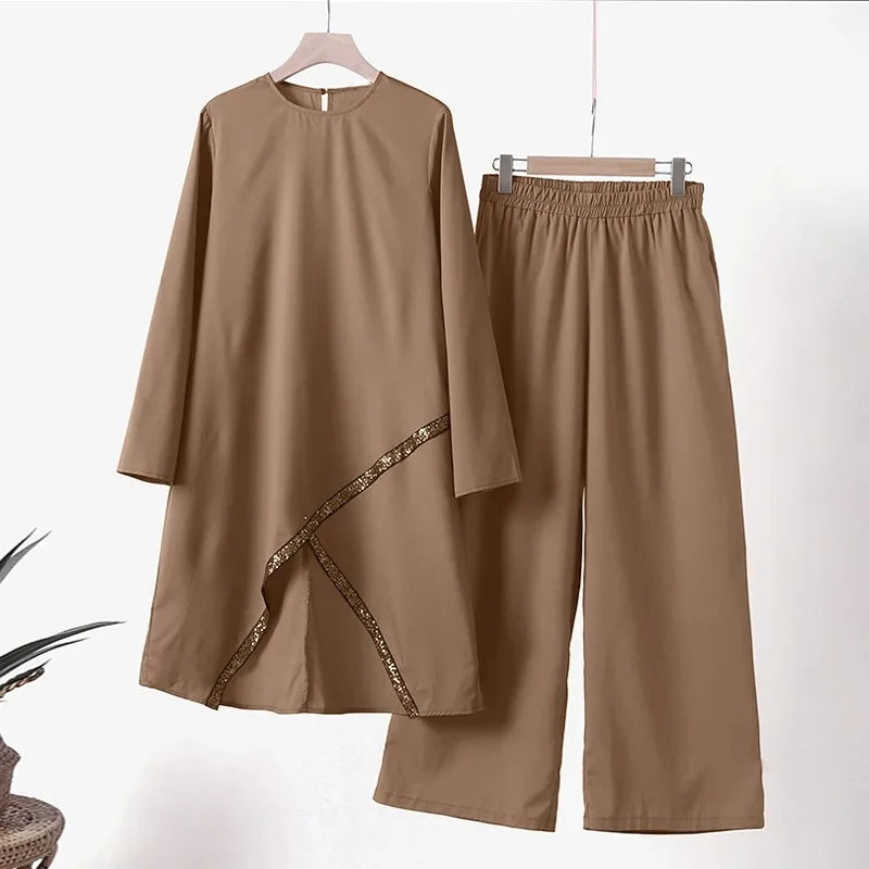 Muslim Two-Piece Set for Women, Long Sleeved Shirt, O-Neck Shirt, Wide Leg Pants, Casual, Luxury, Spring and Autumn