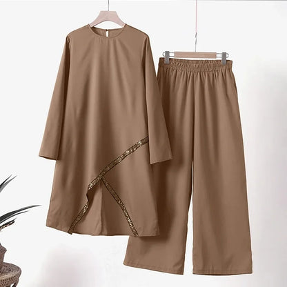 Muslim Two-Piece Set for Women, Long Sleeved Shirt, O-Neck Shirt, Wide Leg Pants, Casual, Luxury, Spring and Autumn